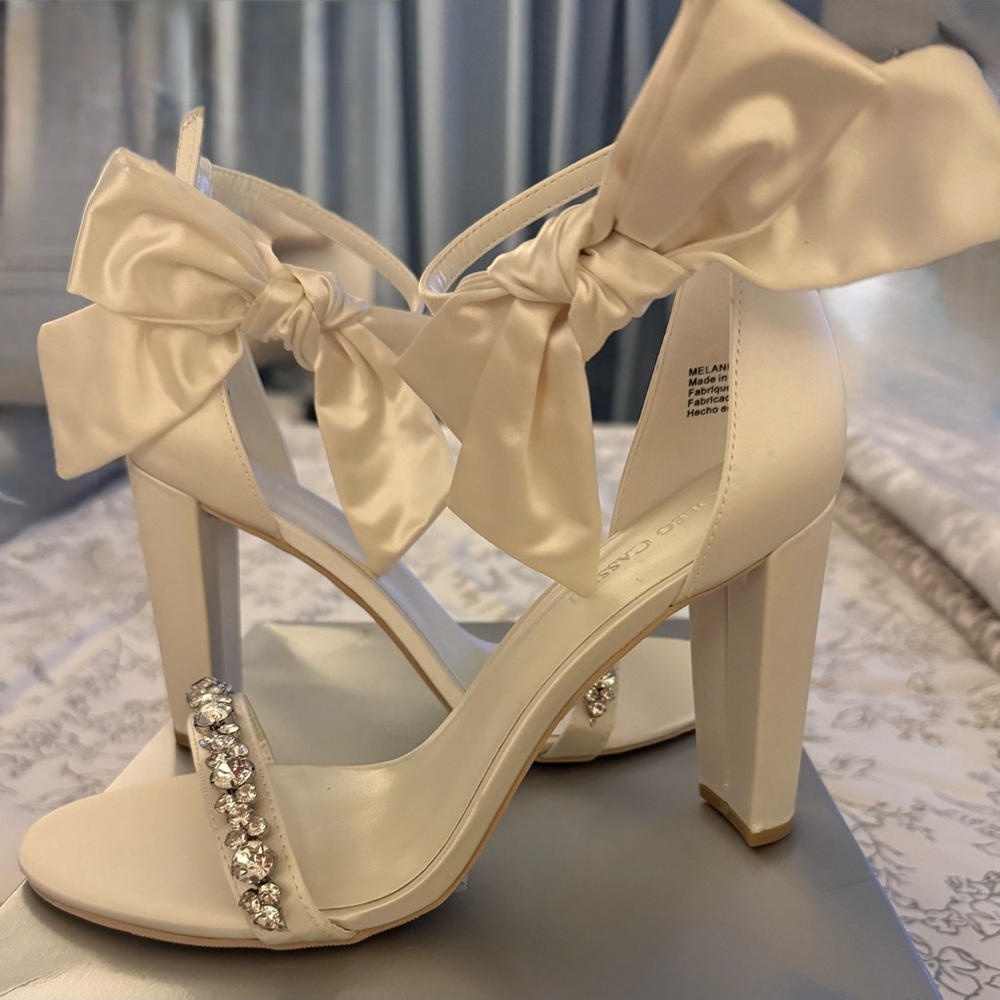 Oleg Cassini Cream Satin Heels with Rhinestone Accent